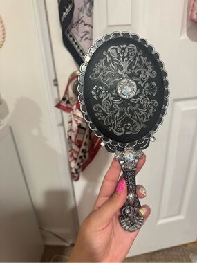Gothic iridescent handmade Black Hand Mirror with Silver Filigree & Rhinestones
